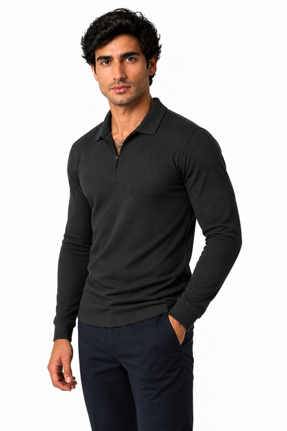 Ventorino Men's Polo Shirt Slim Fit Long Sleeves | Ventorino in Black — model three-quarter view