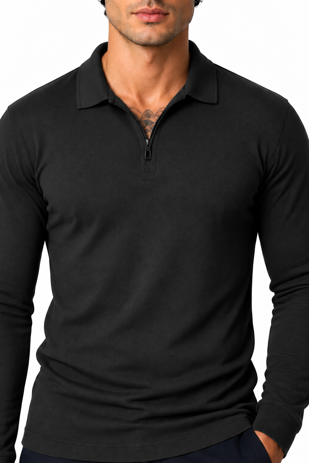 Ventorino Men's Polo Shirt Slim Fit Long Sleeves | Ventorino in Black — garment and fabric detail