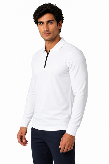Ventorino Men's Polo Shirt Slim Fit Long Sleeves | Ventorino in White — model three-quarter view