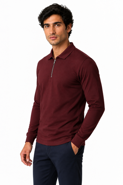 Ventorino Men's Polo Shirt Slim Fit Long Sleeves | Ventorino in Wine Red — model three-quarter view