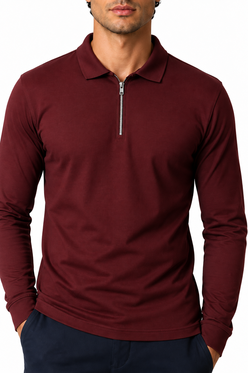 Ventorino Men's Polo Shirt Slim Fit Long Sleeves | Ventorino in Wine Red — garment and fabric detail