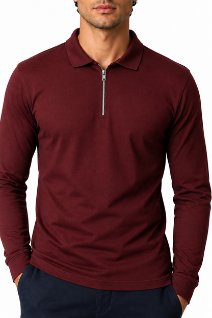 Ventorino Men's Polo Shirt Slim Fit Long Sleeves | Ventorino in Wine Red — garment and fabric detail