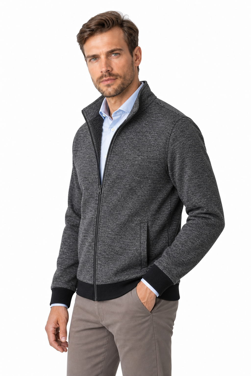 Ventorino Men's Jacket Fleece Lining Casual Fit | Ventorino in Grey — model three-quarter view
