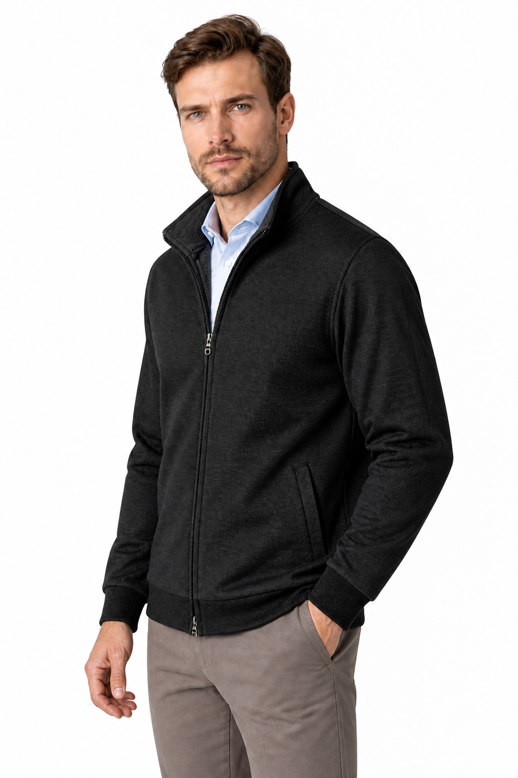 Ventorino Men's Jacket Fleece Lining Casual Fit | Ventorino in Black — model three-quarter view