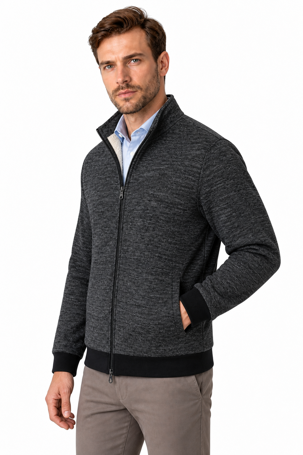 Ventorino Men's Jacket Fleece Lining Casual Fit | Ventorino in Grey Add wool — model three-quarter view
