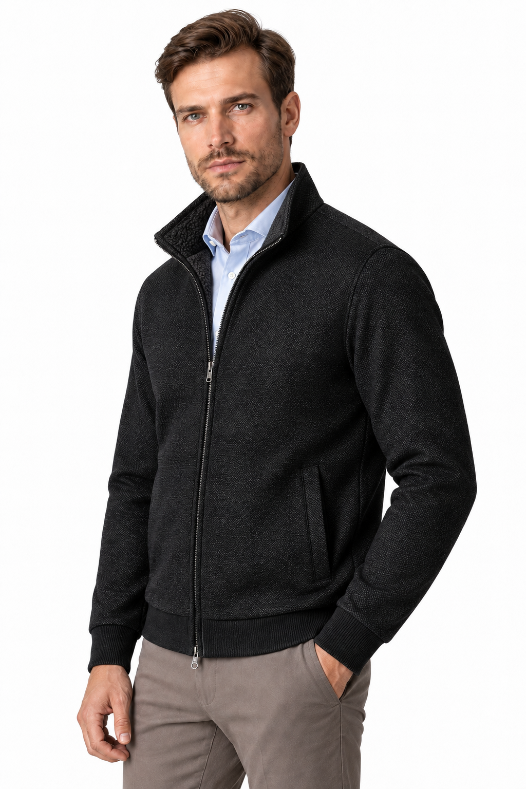 Ventorino Men's Jacket Fleece Lining Casual Fit | Ventorino in Black Add wool — model three-quarter view