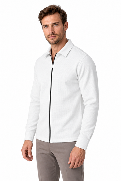 Ventorino Men's Jacket Waffle Knit Full Zip | Ventorino in White — model three-quarter view