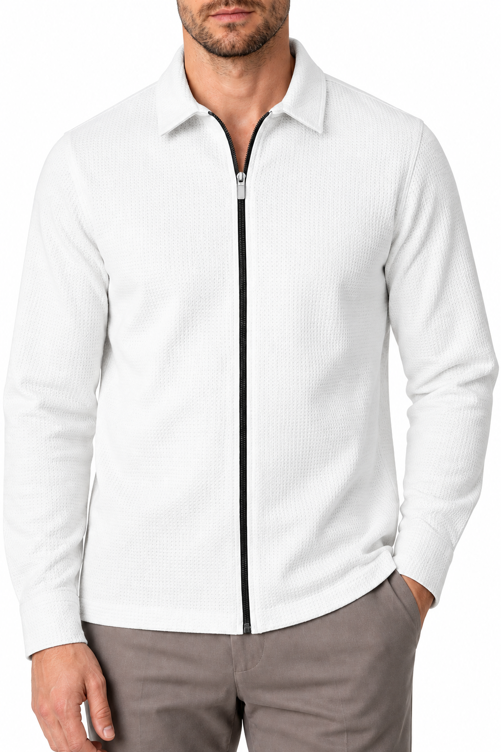 Ventorino Men's Jacket Waffle Knit Full Zip | Ventorino in White — garment and fabric detail