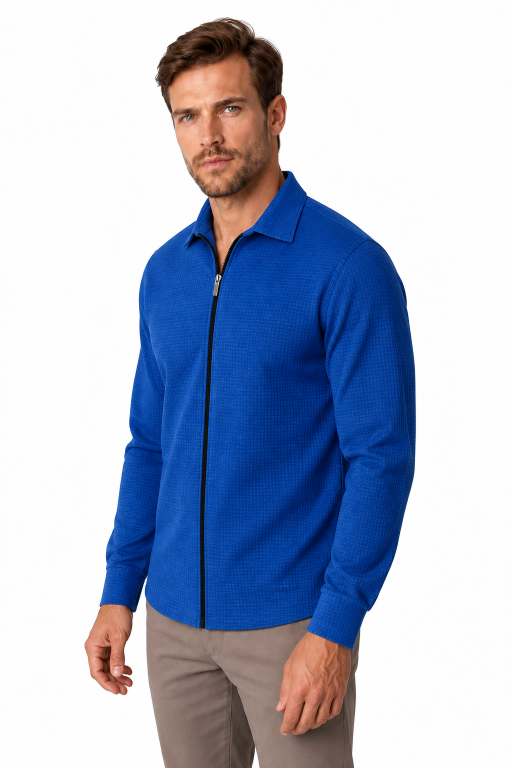 Ventorino Men's Jacket Waffle Knit Full Zip | Ventorino in Royal Blue — model three-quarter view