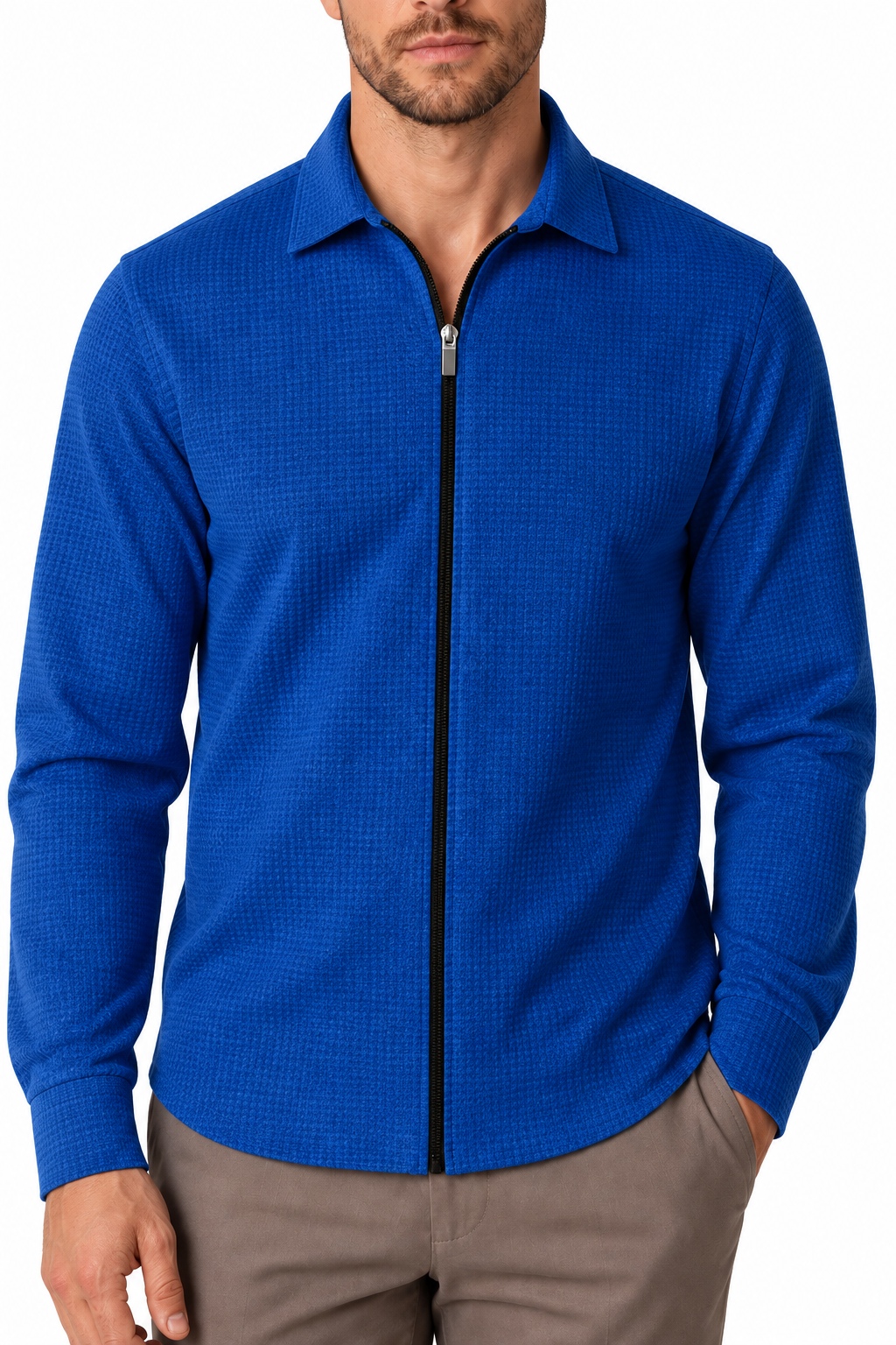 Ventorino Men's Jacket Waffle Knit Full Zip | Ventorino in Royal Blue — garment and fabric detail