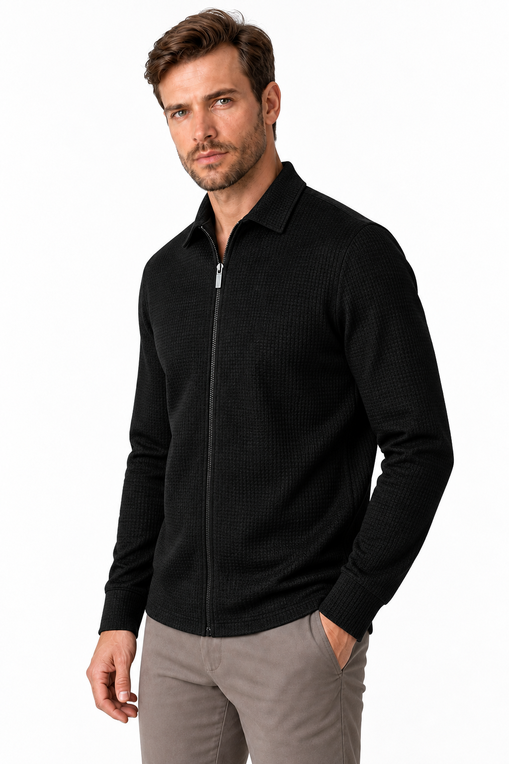 Ventorino Men's Jacket Waffle Knit Full Zip | Ventorino in Black — model three-quarter view