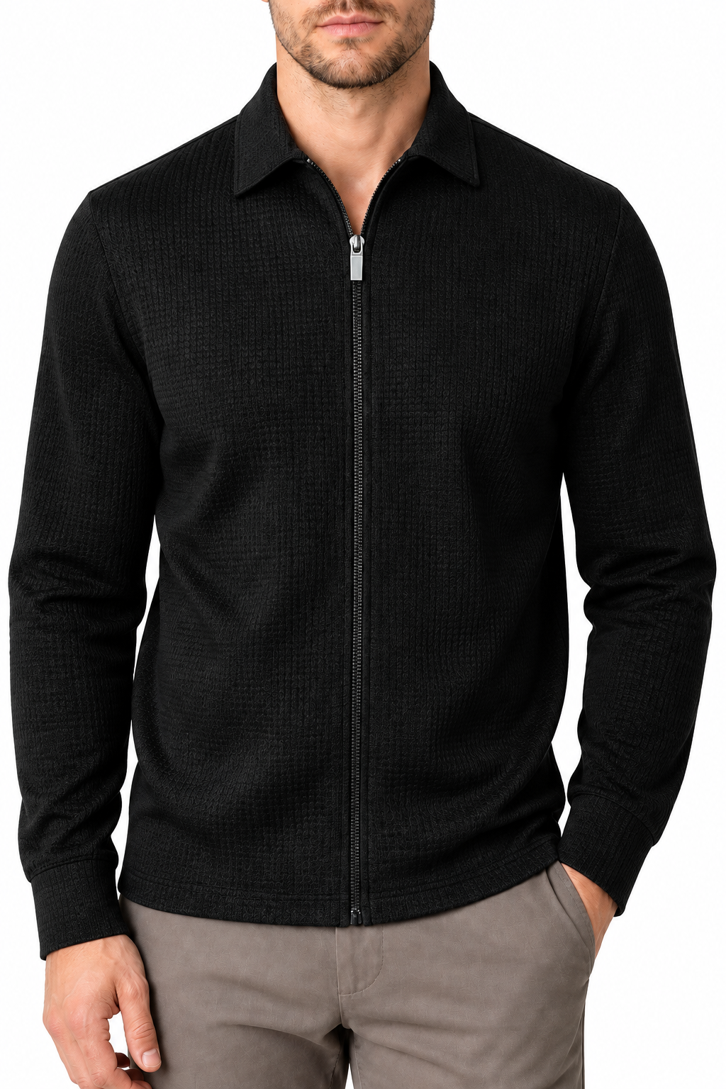 Ventorino Men's Jacket Waffle Knit Full Zip | Ventorino in Black — garment and fabric detail