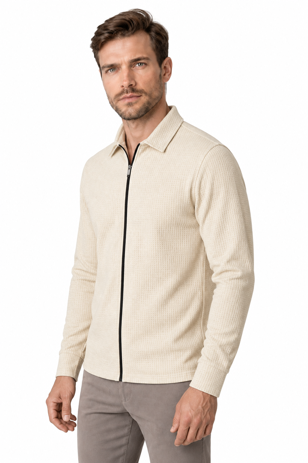 Ventorino Men's Jacket Waffle Knit Full Zip | Ventorino in Khaki — model three-quarter view