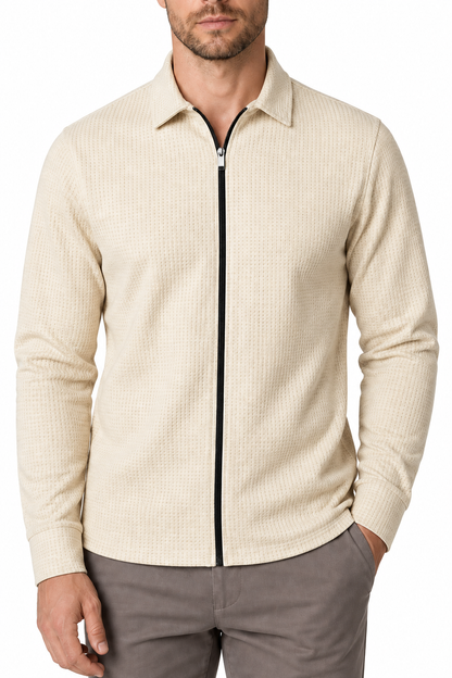 Ventorino Men's Jacket Waffle Knit Full Zip | Ventorino in Khaki — garment and fabric detail