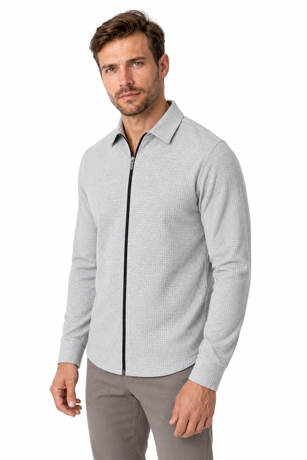 Ventorino Men's Jacket Waffle Knit Full Zip | Ventorino in Light Gray — model three-quarter view