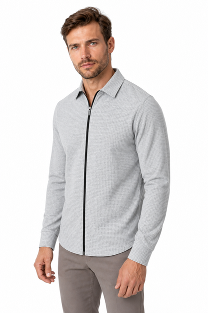 Ventorino Men's Jacket Waffle Knit Full Zip | Ventorino in Light Gray — model three-quarter view