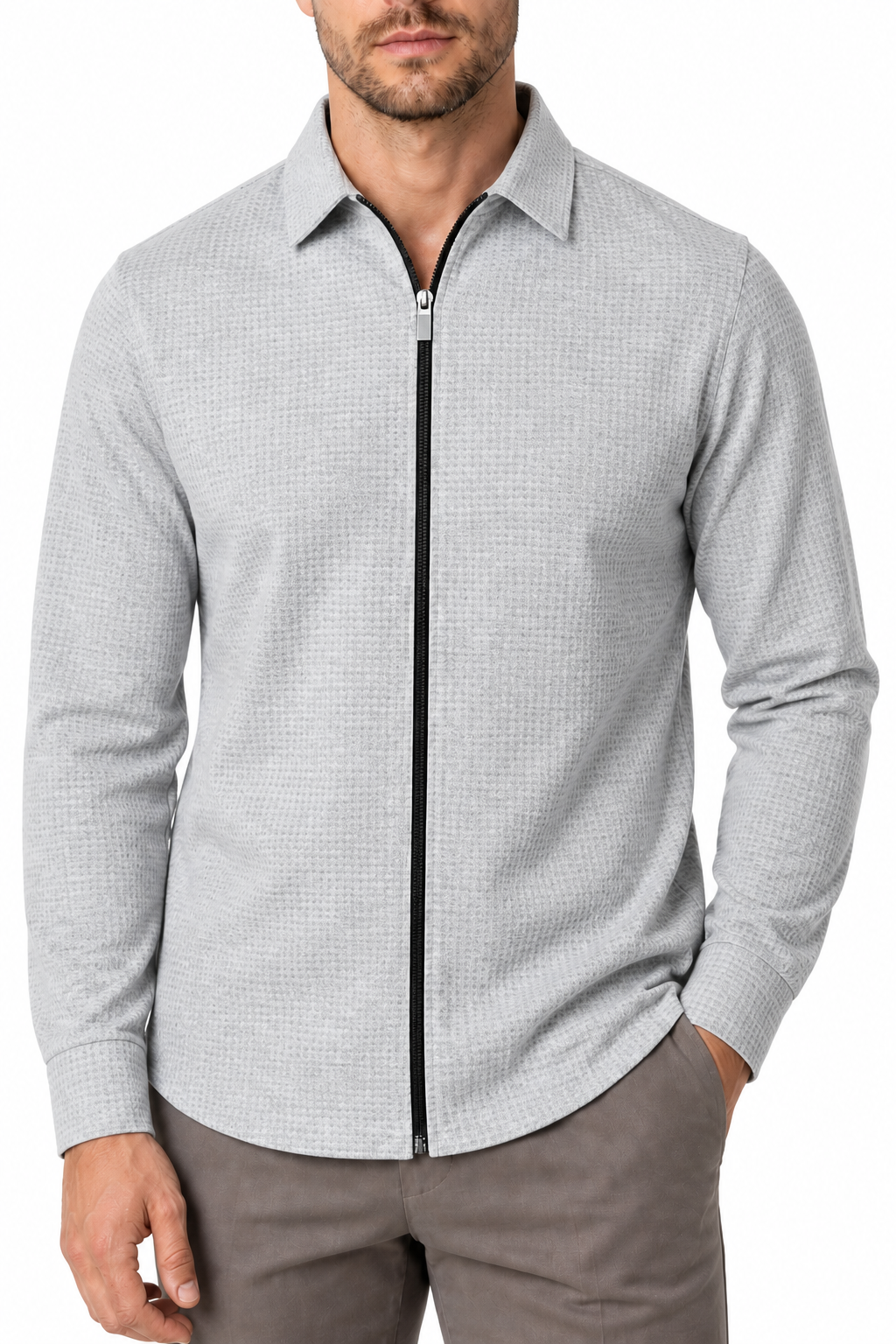 Ventorino Men's Jacket Waffle Knit Full Zip | Ventorino in Light Gray — garment and fabric detail