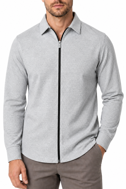 Ventorino Men's Jacket Waffle Knit Full Zip | Ventorino in Light Gray — garment and fabric detail