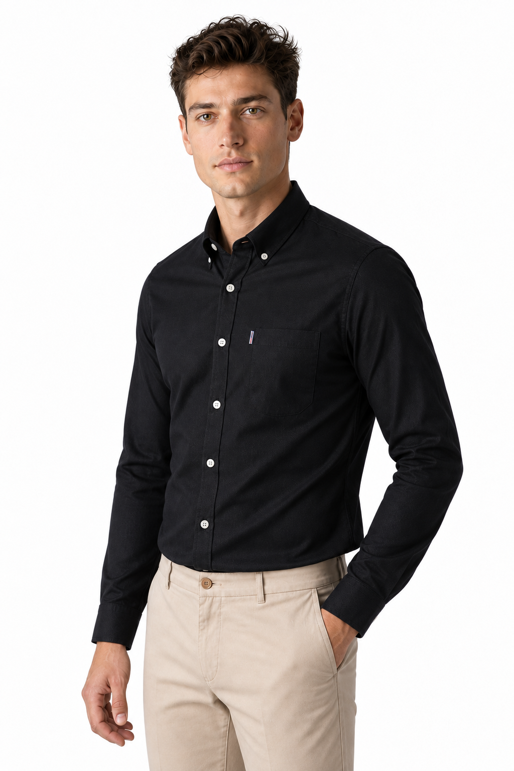 Ventorino Men's Dress Shirt Slim Fit Refined Finish | Ventorino in Black — model three-quarter view