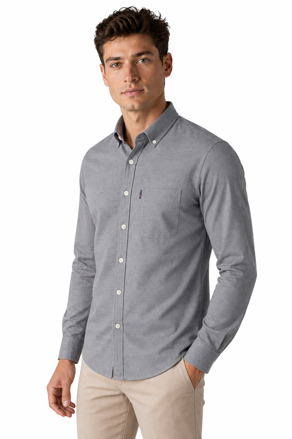 Ventorino Men's Dress Shirt Slim Fit Refined Finish | Ventorino in Grey — model three-quarter view