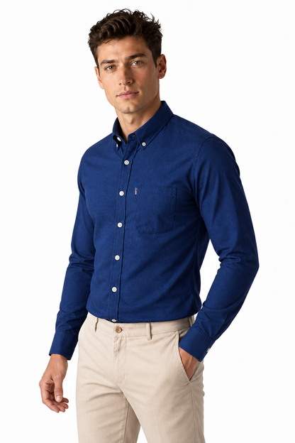 Ventorino Men's Dress Shirt Slim Fit Refined Finish | Ventorino in Navy Blue — model three-quarter view