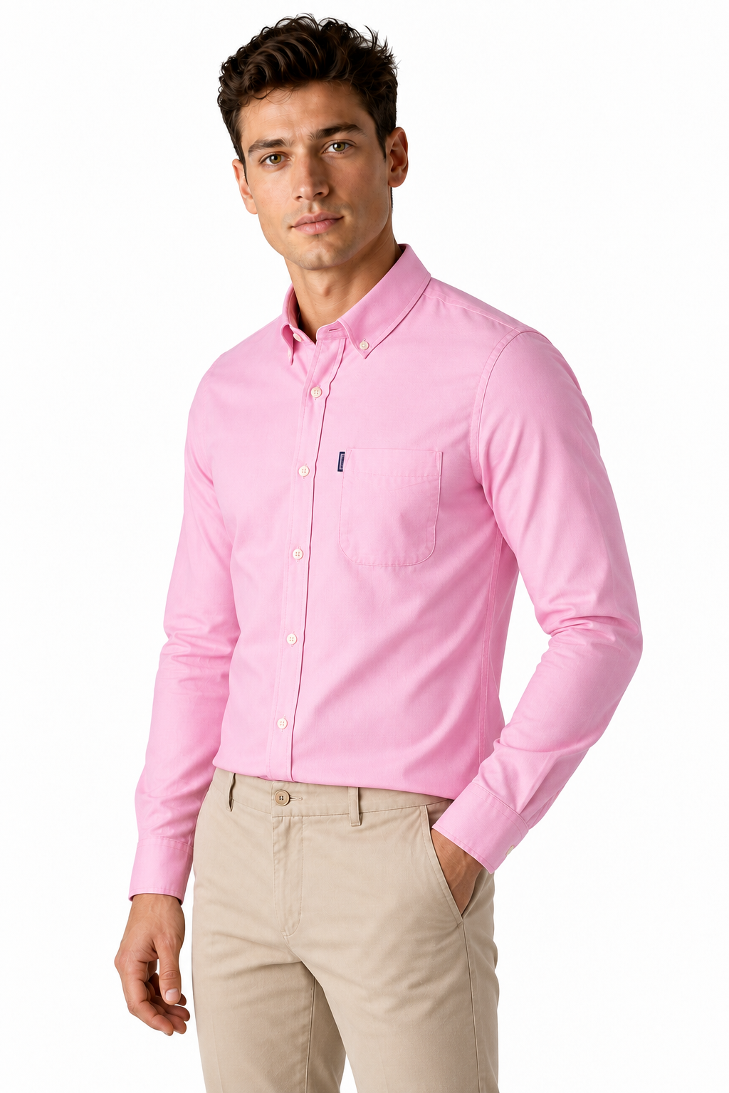 Ventorino Men's Dress Shirt Slim Fit Refined Finish | Ventorino in Pink — model three-quarter view