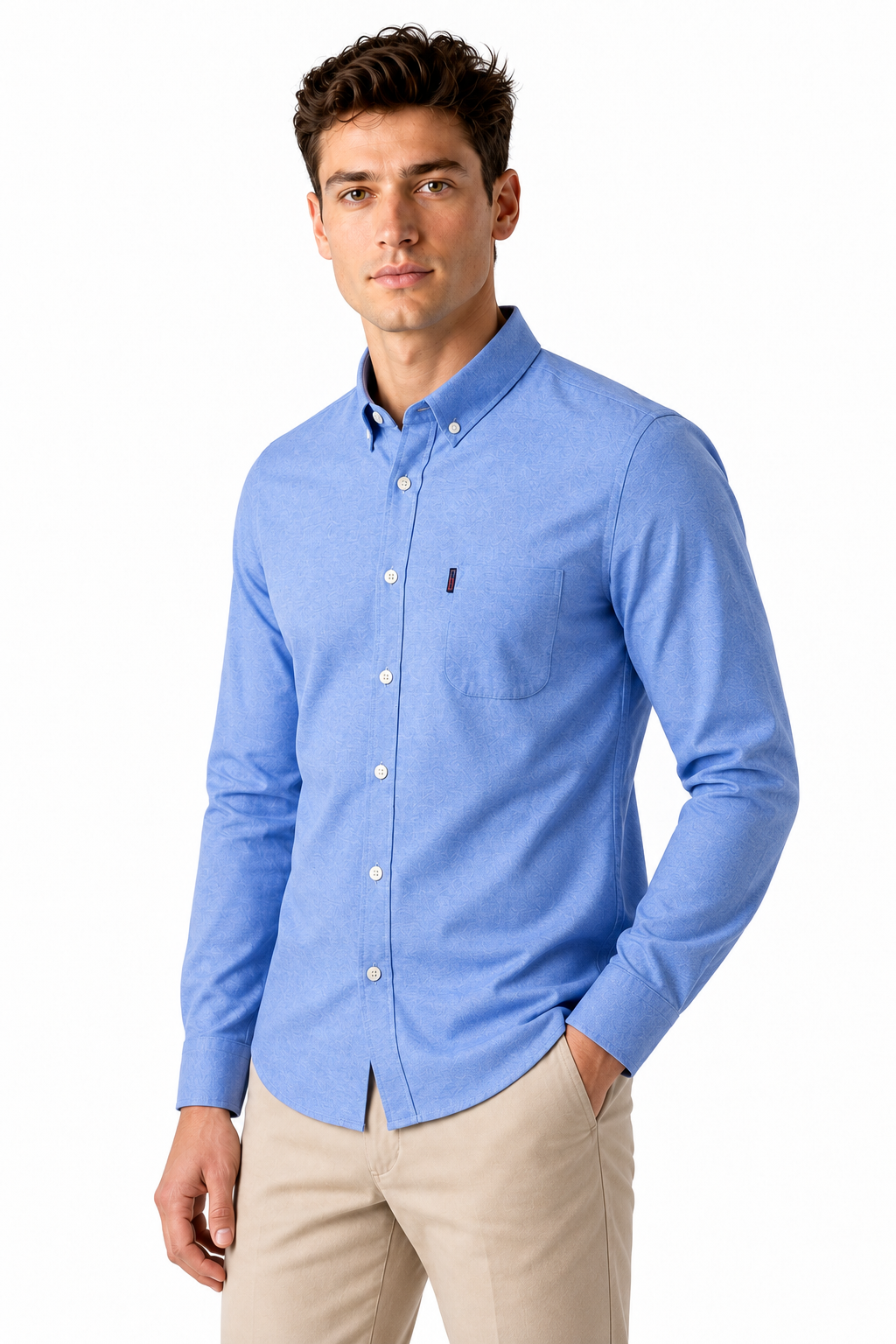 Ventorino Men's Dress Shirt Slim Fit Refined Finish | Ventorino in Blue — model three-quarter view