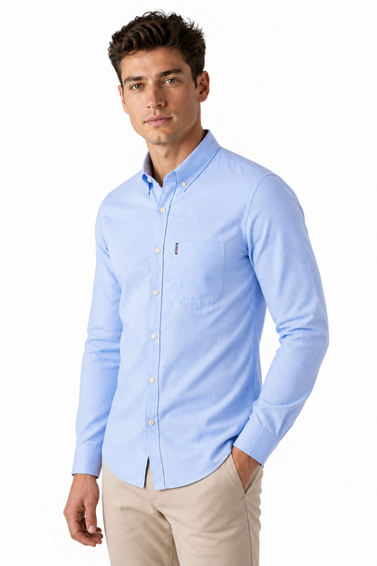 Ventorino Men's Dress Shirt Slim Fit Refined Finish | Ventorino in Sky Blue — model three-quarter view