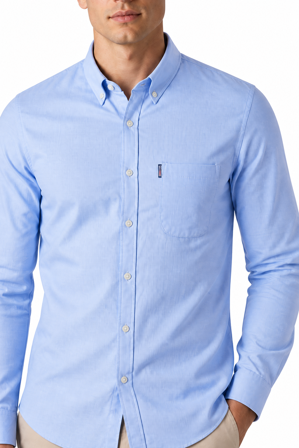 Ventorino Men's Dress Shirt Slim Fit Refined Finish | Ventorino in Sky Blue — garment and fabric detail