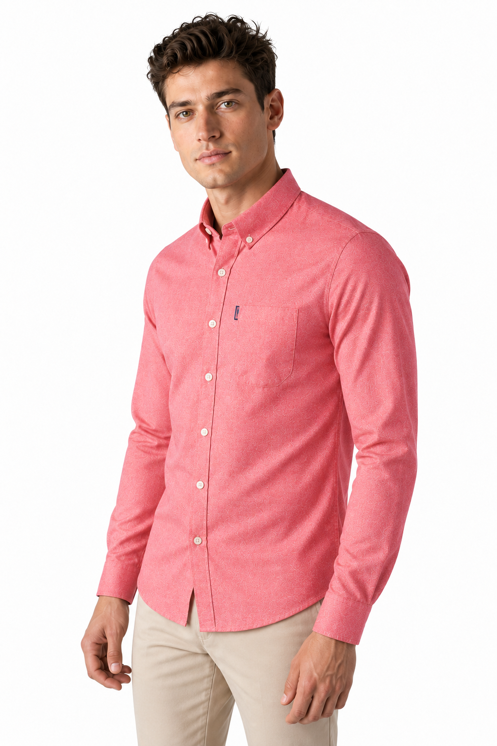 Ventorino Men's Dress Shirt Slim Fit Refined Finish | Ventorino in Watermelon Red — model three-quarter view