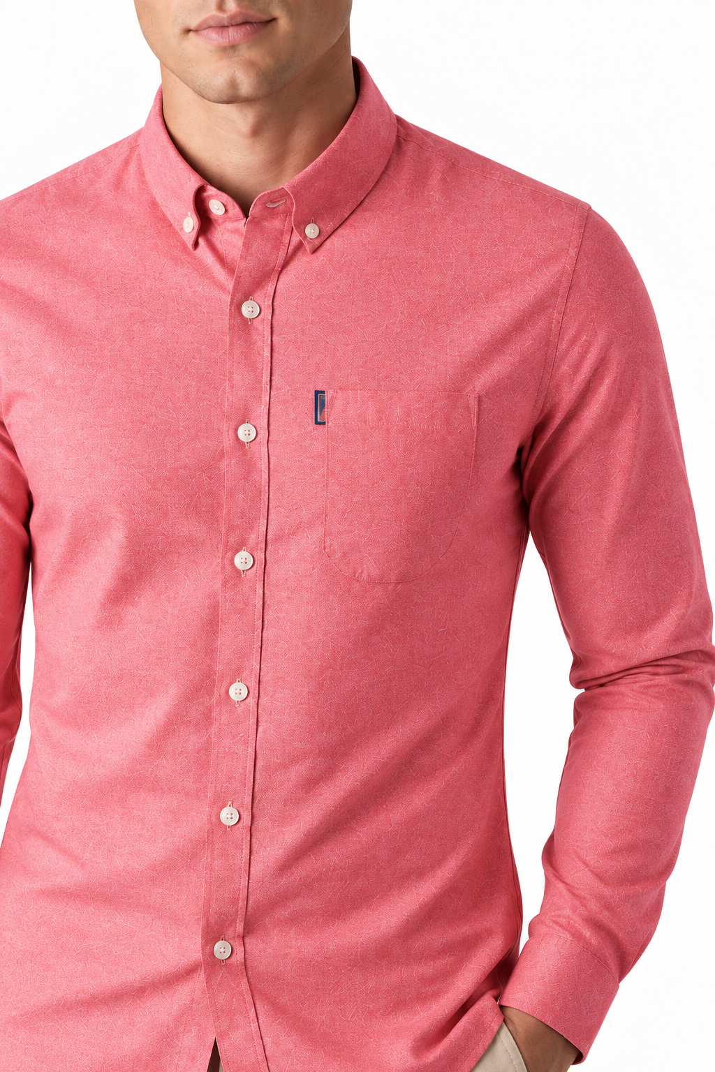 Ventorino Men's Dress Shirt Slim Fit Refined Finish | Ventorino in Watermelon Red — garment and fabric detail
