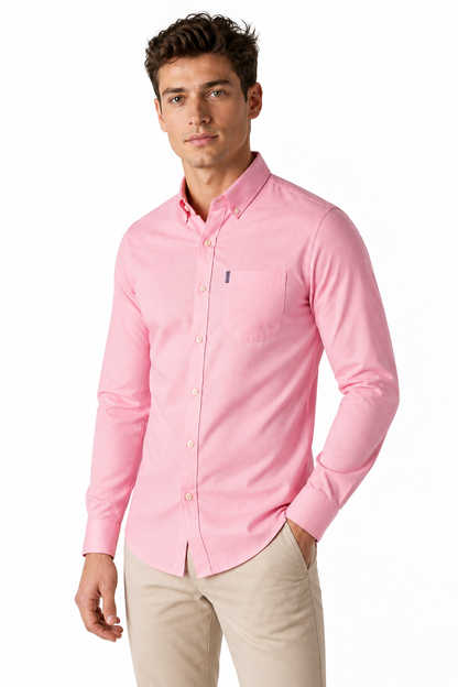 Ventorino Men's Dress Shirt Slim Fit Refined Finish | Ventorino in Coral — model three-quarter view