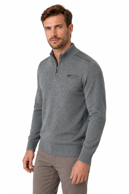 Ventorino Men's Sweater Relaxed Fit Quarter Zip | Ventorino in Gray — model three-quarter view