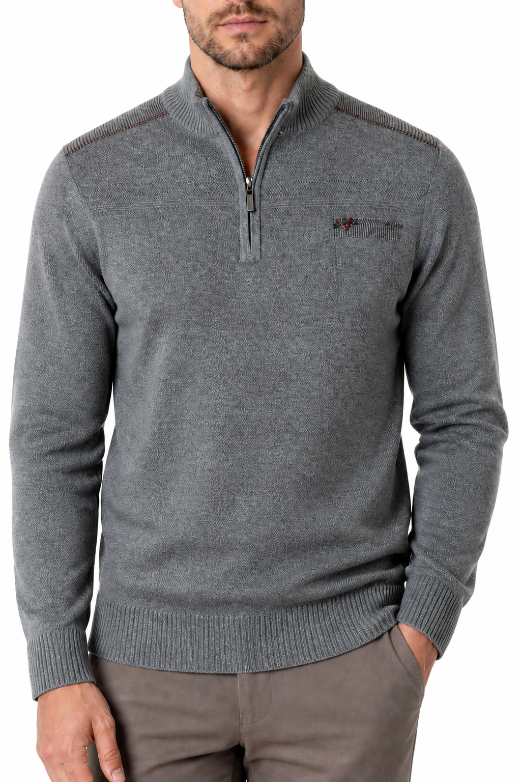 Ventorino Men's Sweater Relaxed Fit Quarter Zip | Ventorino in Gray — garment and fabric detail