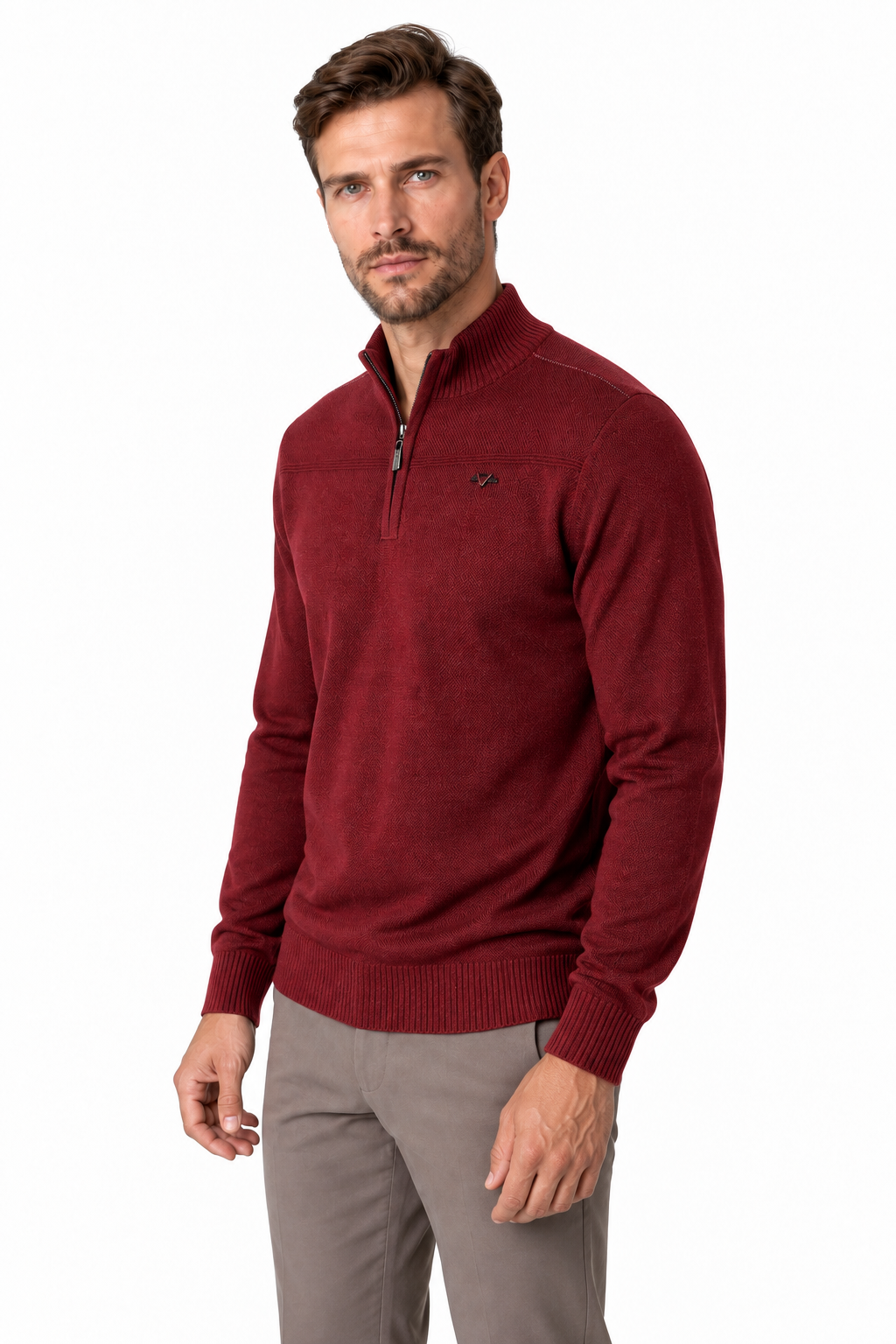 Ventorino Men's Sweater Relaxed Fit Quarter Zip | Ventorino in Red — model three-quarter view