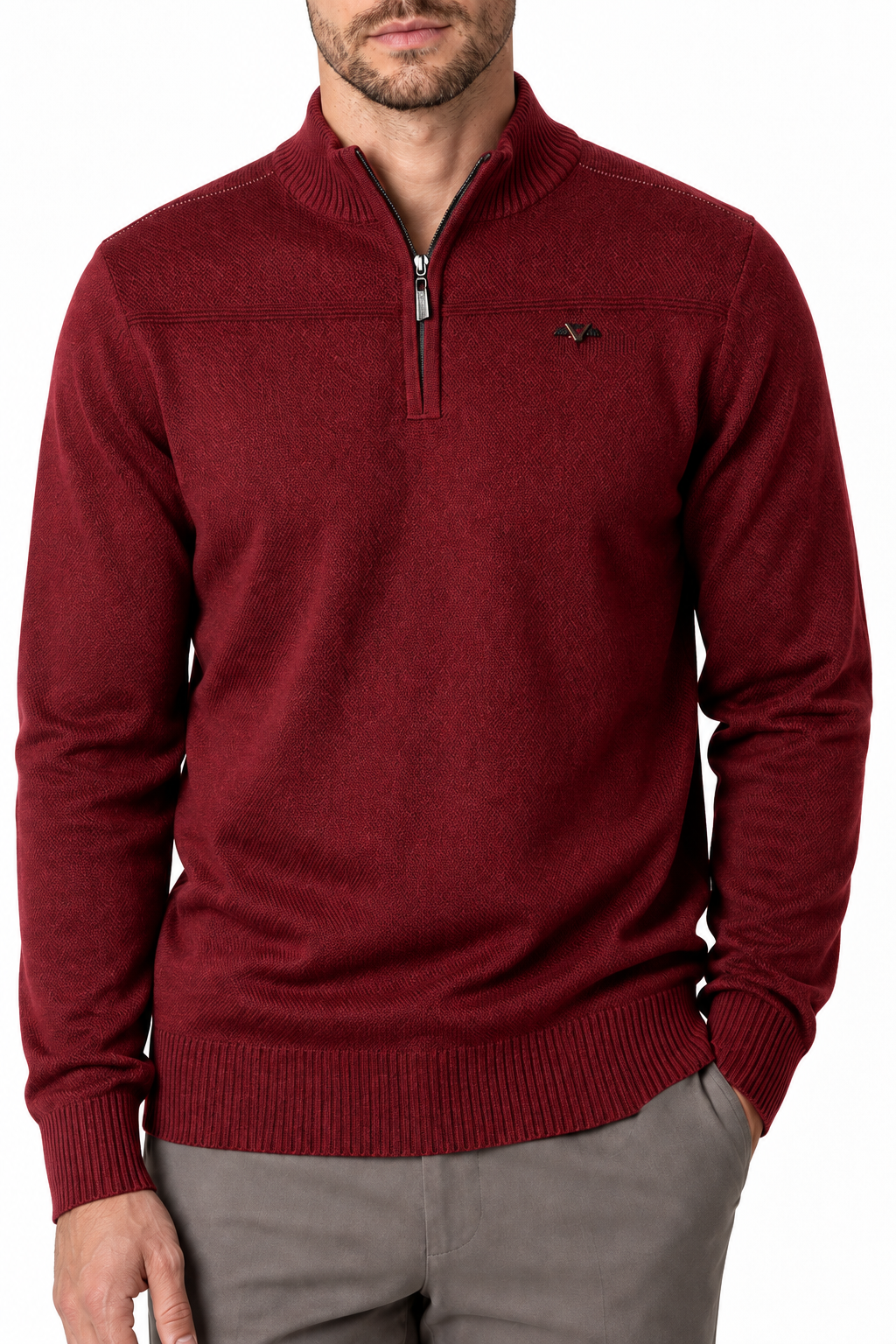 Ventorino Men's Sweater Relaxed Fit Quarter Zip | Ventorino in Red — garment and fabric detail
