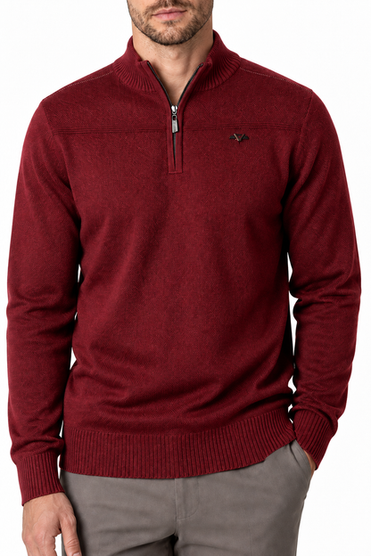 Ventorino Men's Sweater Relaxed Fit Quarter Zip | Ventorino in Red — garment and fabric detail