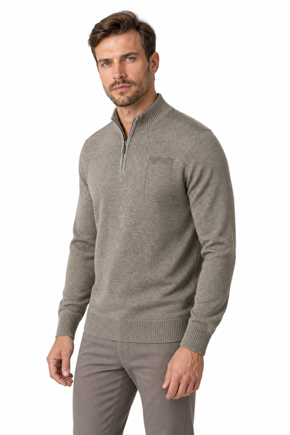 Ventorino Men's Sweater Relaxed Fit Quarter Zip | Ventorino in Khaki — model three-quarter view