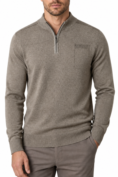 Ventorino Men's Sweater Relaxed Fit Quarter Zip | Ventorino in Khaki — garment and fabric detail