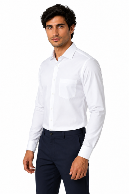 Ventorino Men's Dress Shirt Mercerized Fabric Stretch Fit | Ventorino in White — model three-quarter view