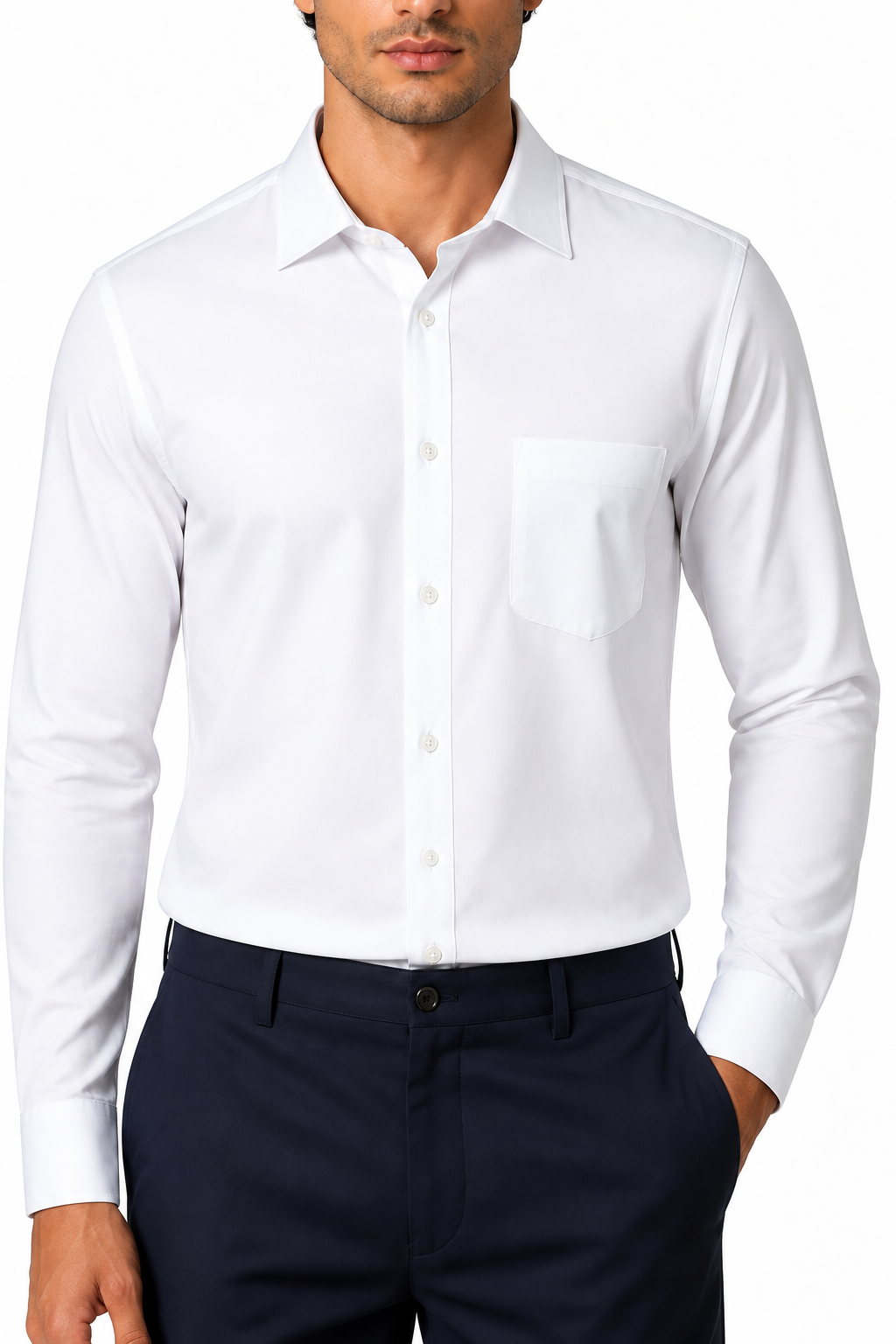 Ventorino Men's Dress Shirt Mercerized Fabric Stretch Fit | Ventorino in White — garment and fabric detail