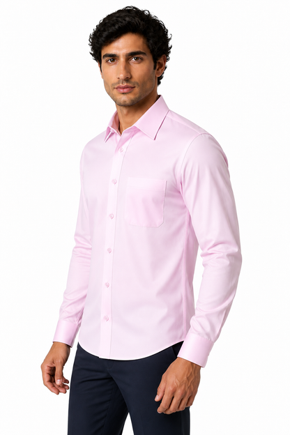 Ventorino Men's Dress Shirt Mercerized Fabric Stretch Fit | Ventorino in Pink — model three-quarter view