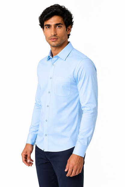 Ventorino Men's Dress Shirt Mercerized Fabric Stretch Fit | Ventorino in Blue — model three-quarter view