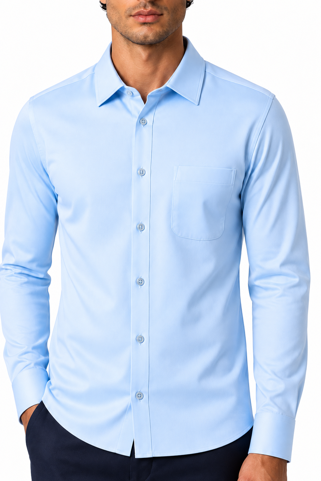 Ventorino Men's Dress Shirt Mercerized Fabric Stretch Fit | Ventorino in Blue — garment and fabric detail