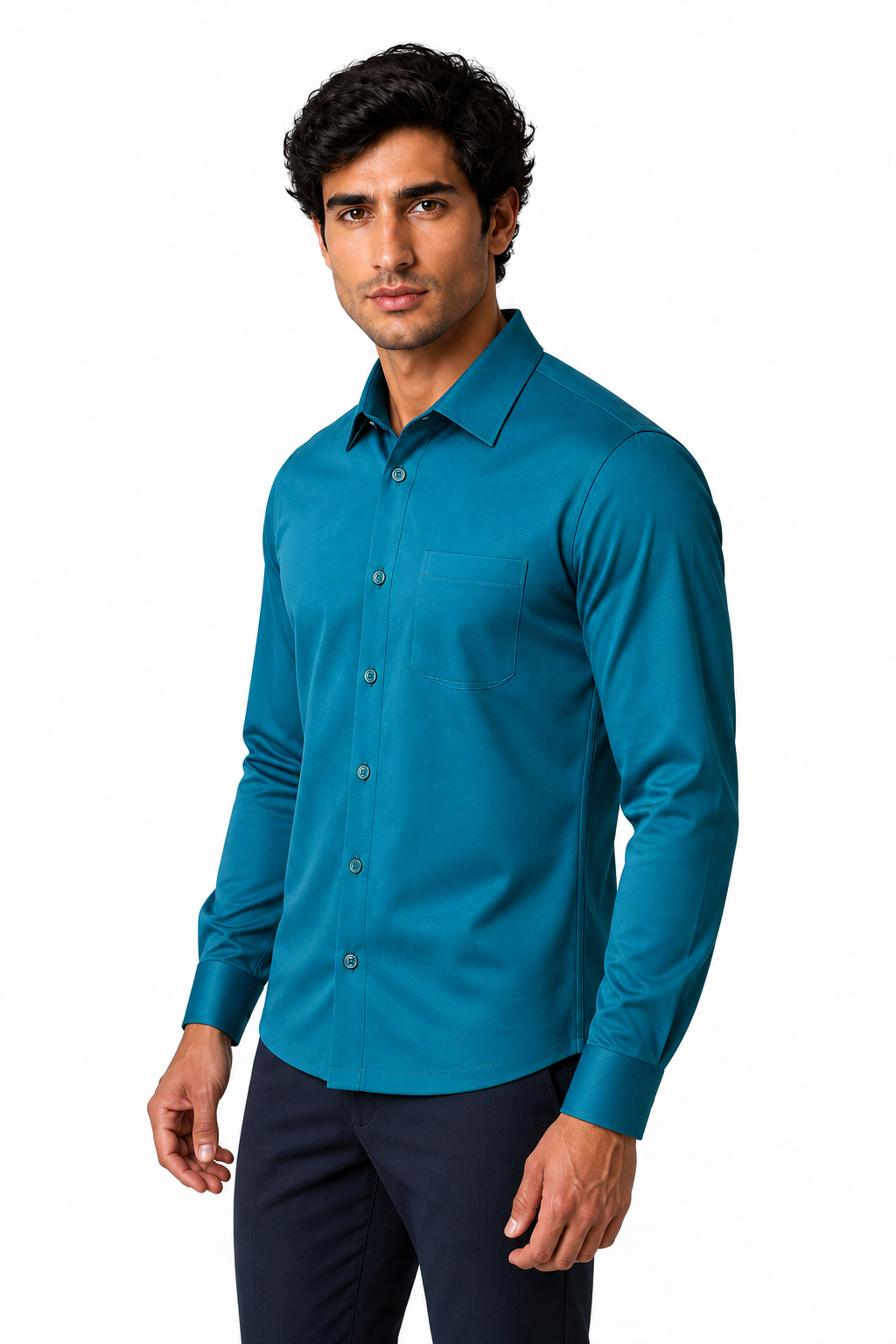 Ventorino Men's Dress Shirt Mercerized Fabric Stretch Fit | Ventorino in Green — model three-quarter view