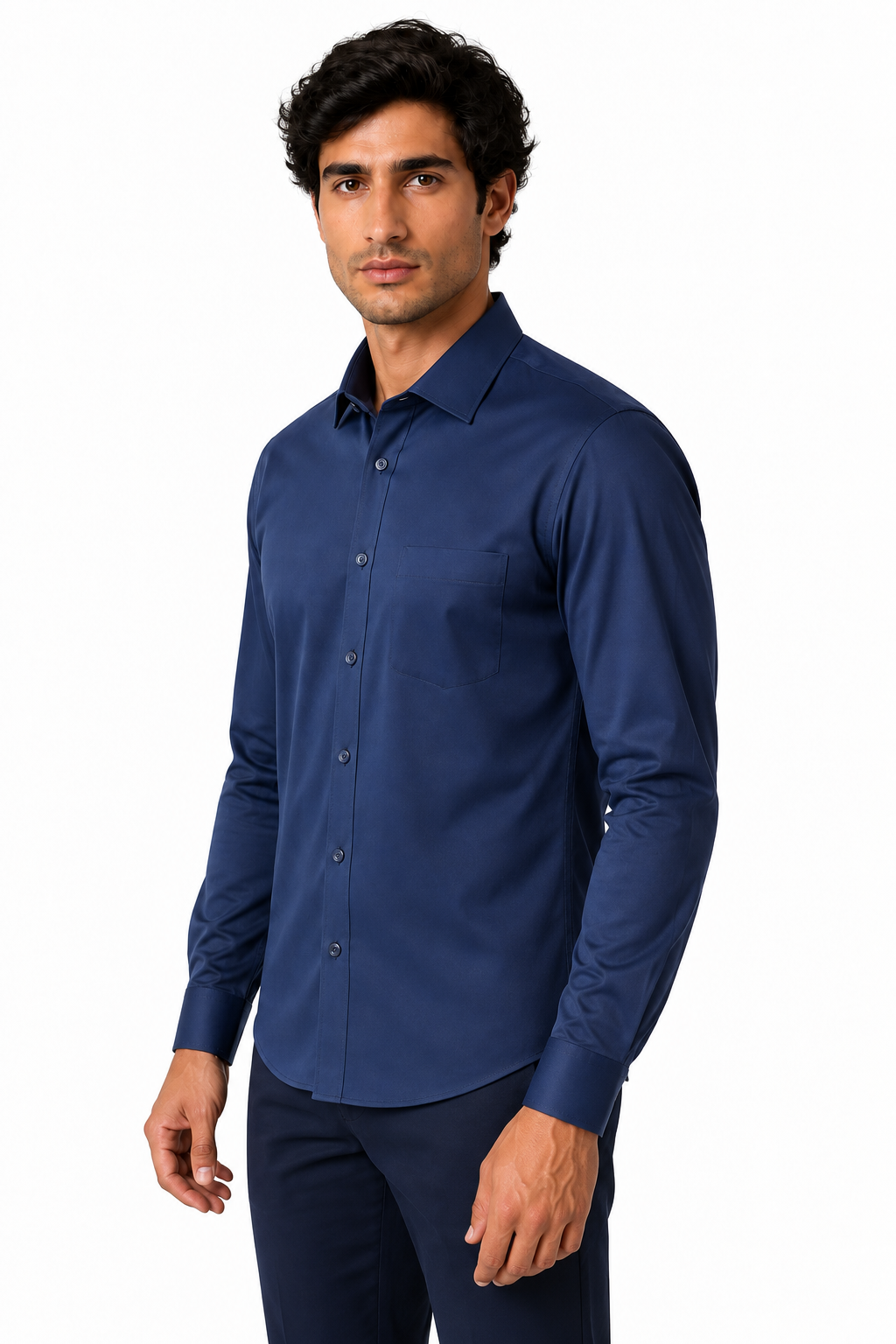 Ventorino Men's Dress Shirt Mercerized Fabric Stretch Fit | Ventorino in Navy Blue — model three-quarter view