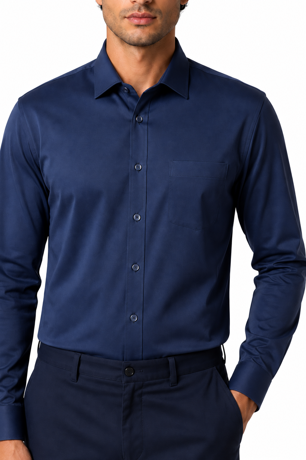 Ventorino Men's Dress Shirt Mercerized Fabric Stretch Fit | Ventorino in Navy Blue — garment and fabric detail
