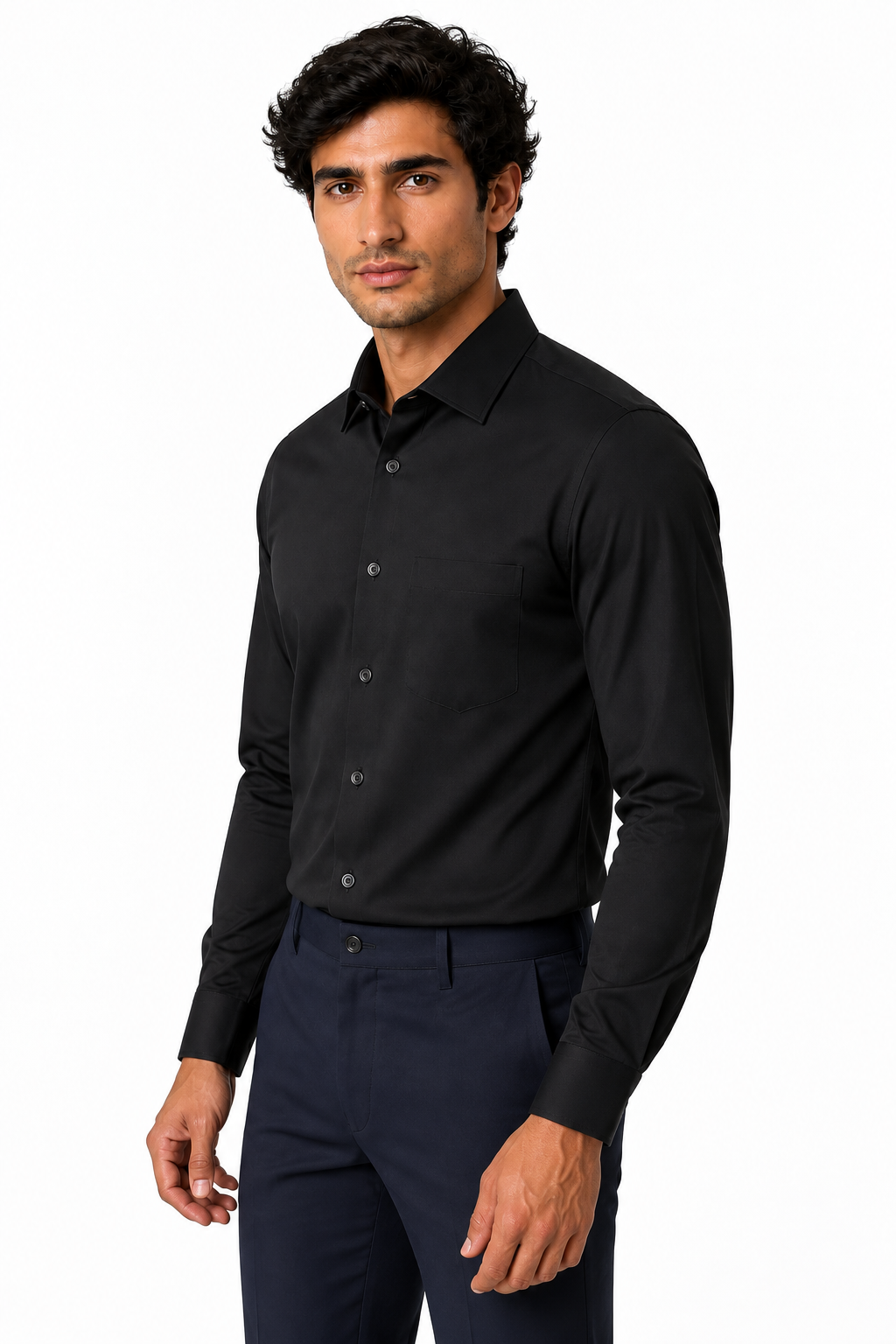 Ventorino Men's Dress Shirt Mercerized Fabric Stretch Fit | Ventorino in Black — model three-quarter view