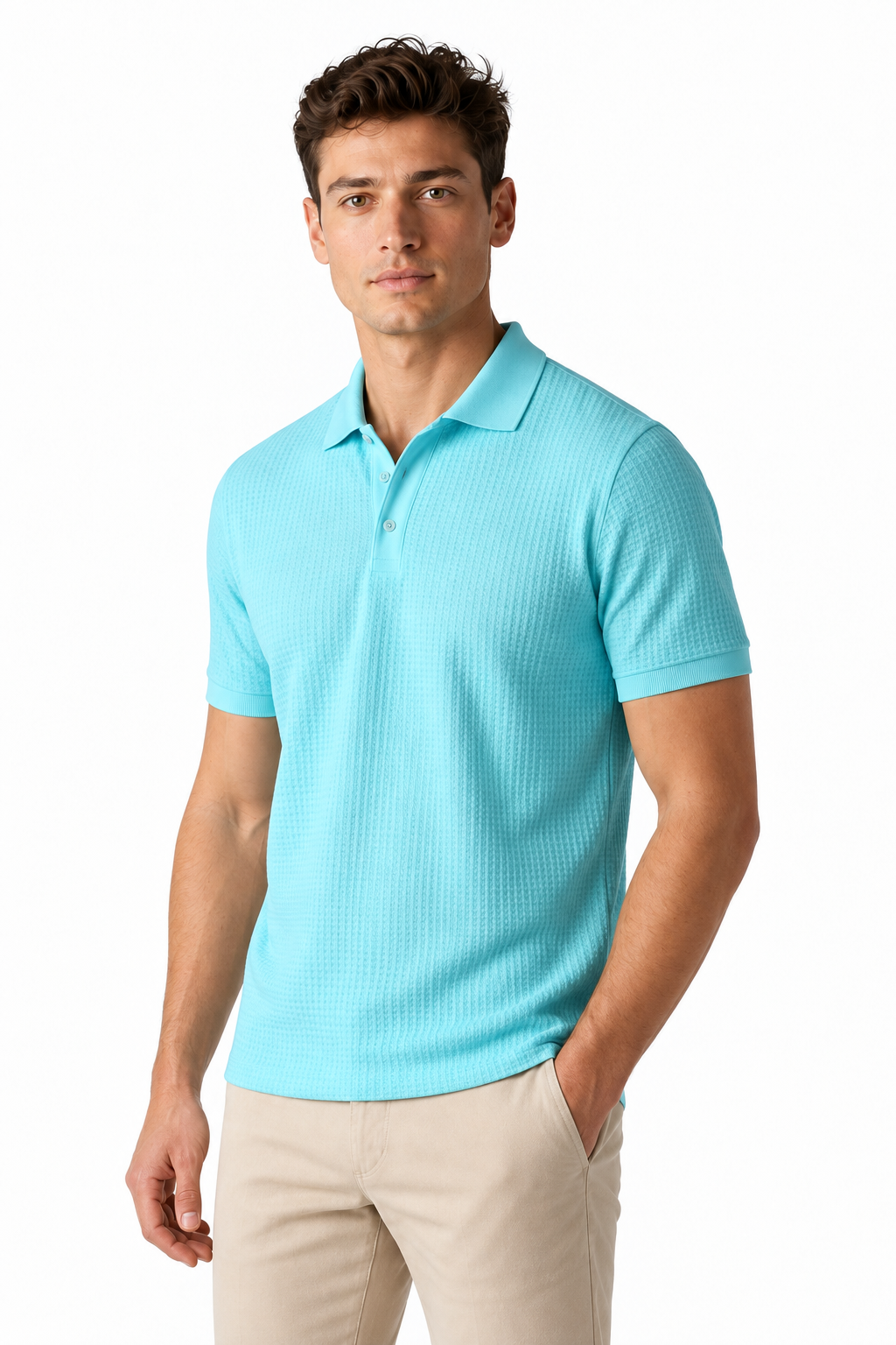 Ventorino Men's Polo Shirt Waffle Texture Breathable Knit | Ventorino in Blue — model three-quarter view