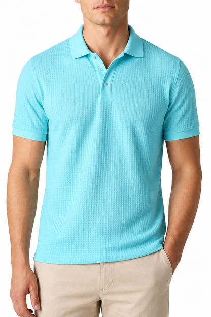 Ventorino Men's Polo Shirt Waffle Texture Breathable Knit | Ventorino in Blue — garment and fabric detail